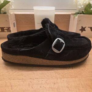 Birkenstock Buckley Shearling Clogs Black Suede Shoes Women's Size 38
